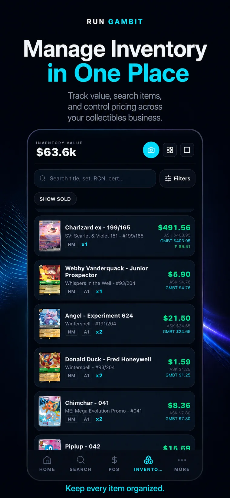 Gambit inventory list showing item values, ask prices, conditions, and quantities.
