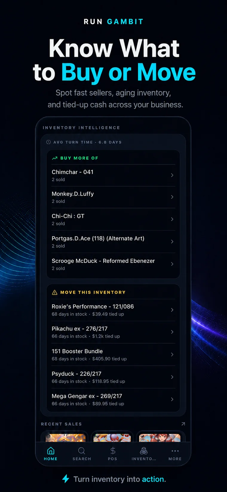 Gambit inventory intelligence panel listing items to buy more of and stale inventory to move.